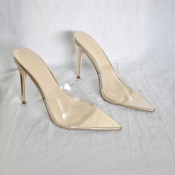 🌞SIZE 7 FIT | Anne Michelle Slip on Clear Nude Gold Stiletto Heels - Picture 3 of 14